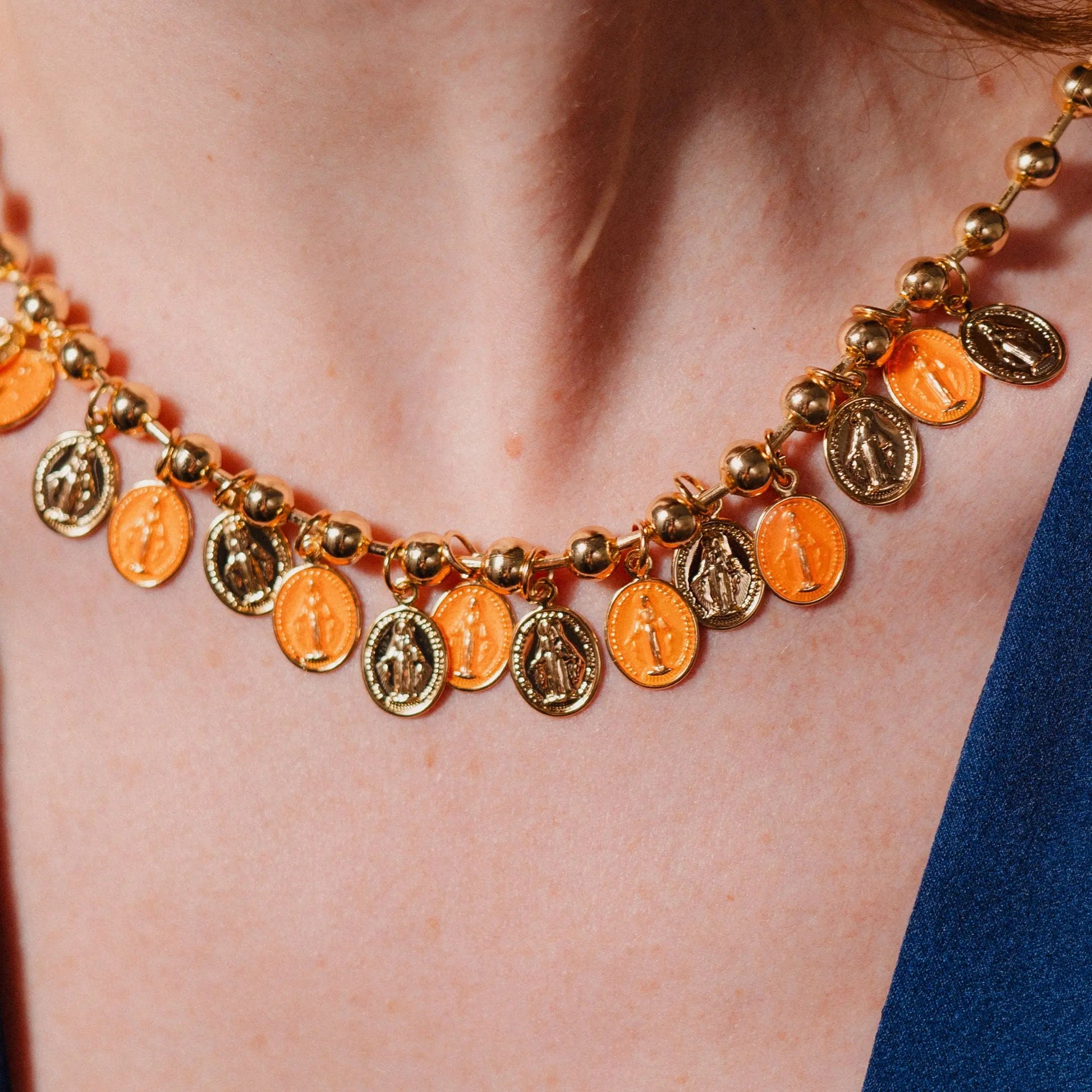 Gold Catholic Necklace | Religious Gift | Orange Charms | Handmade Jewelry