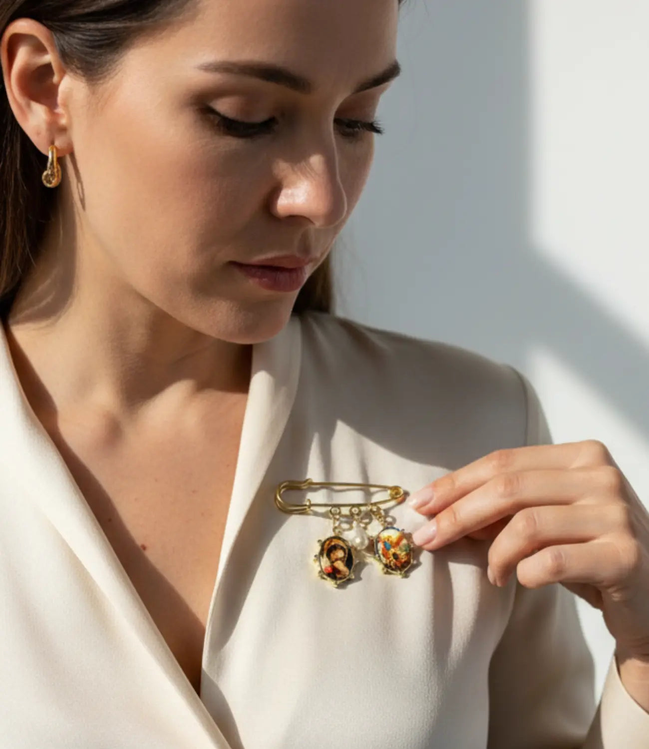 Gold Catholic Pin with Religious Medals and Pearl – Marian-Inspired Protective Brooch Phoebe`s  