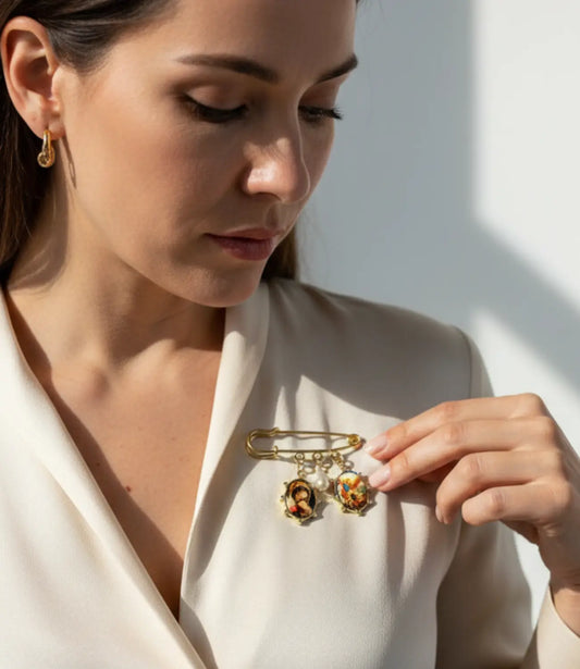 Gold Catholic Pin with Religious Medals and Pearl – Marian-Inspired Protective Brooch Phoebe`s  