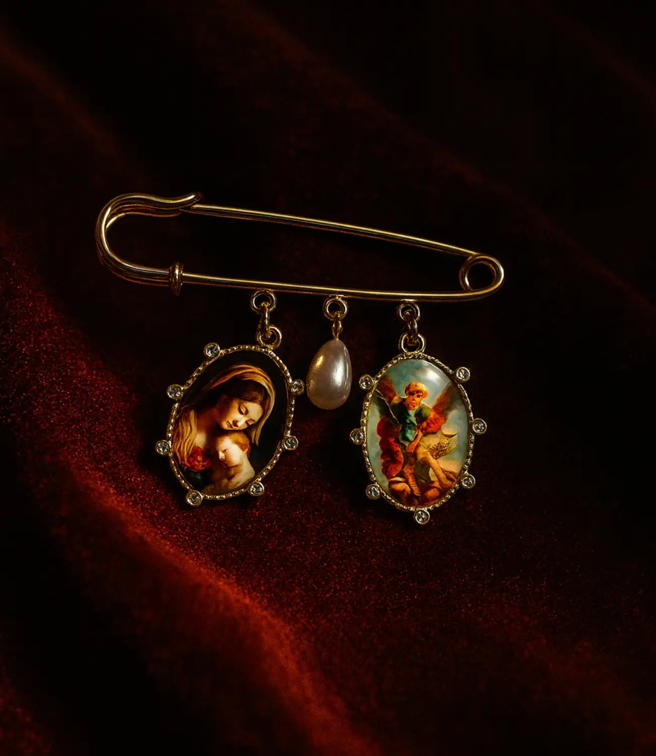 Gold Catholic Pin with Religious Medals and Pearl – Marian-Inspired Protective Brooch Phoebe`s  