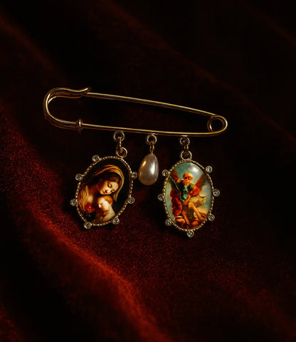 Gold Catholic Pin with Religious Medals and Pearl – Marian-Inspired Protective Brooch Phoebe`s  