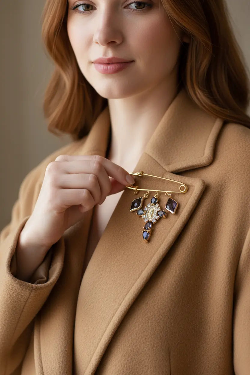 Gold Cross Brooch with Gemstones – Elegant Amulet for Coats PHOEBE'S 