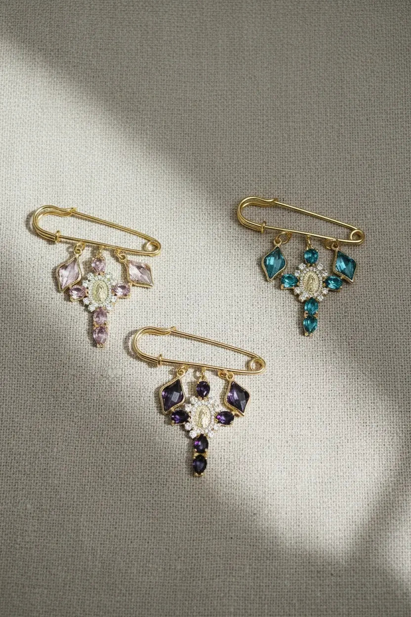 Gold Cross Brooch with Gemstones – Elegant Amulet for Coats PHOEBE'S 