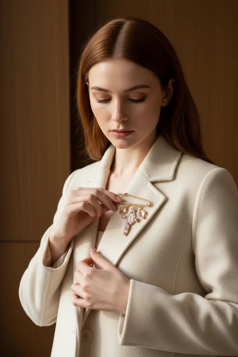 Gold Cross Brooch with Gemstones – Elegant Amulet for Coats PHOEBE'S 