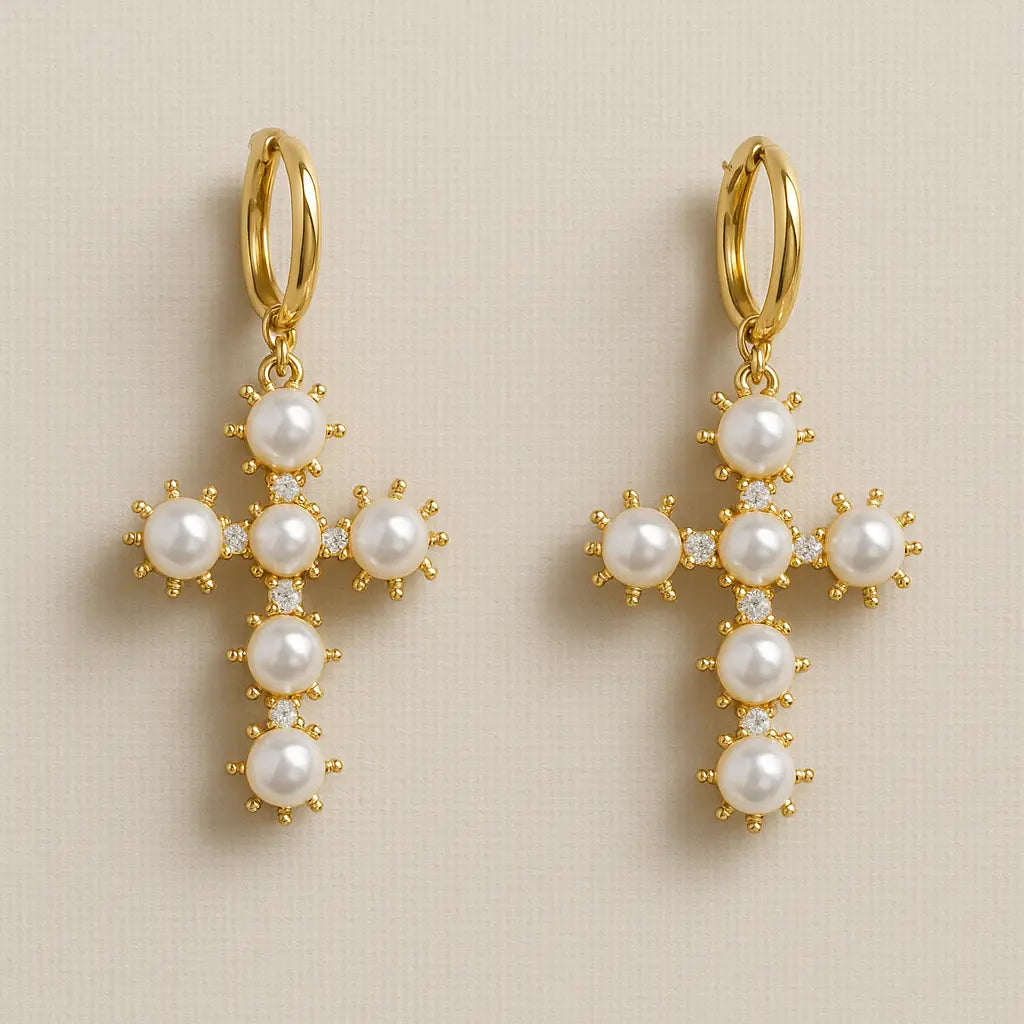 Gold Cross Earrings with Pearls – Elegance and Spirituality PHOEBE'S 