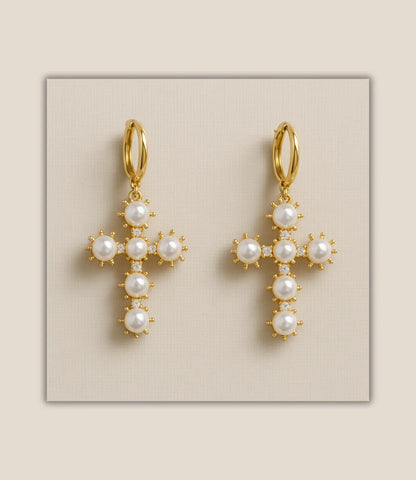 Gold Cross Earrings with Pearls – Elegance and Spirituality PHOEBE'S 