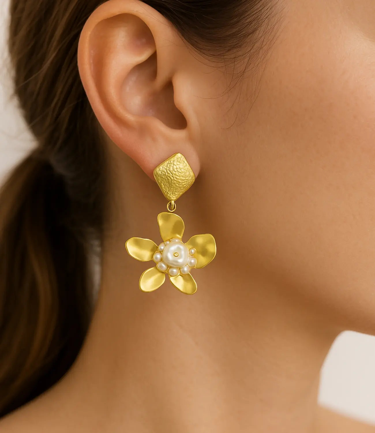 Gold Flower Earrings with Natural Pearls PHOEBE'S 