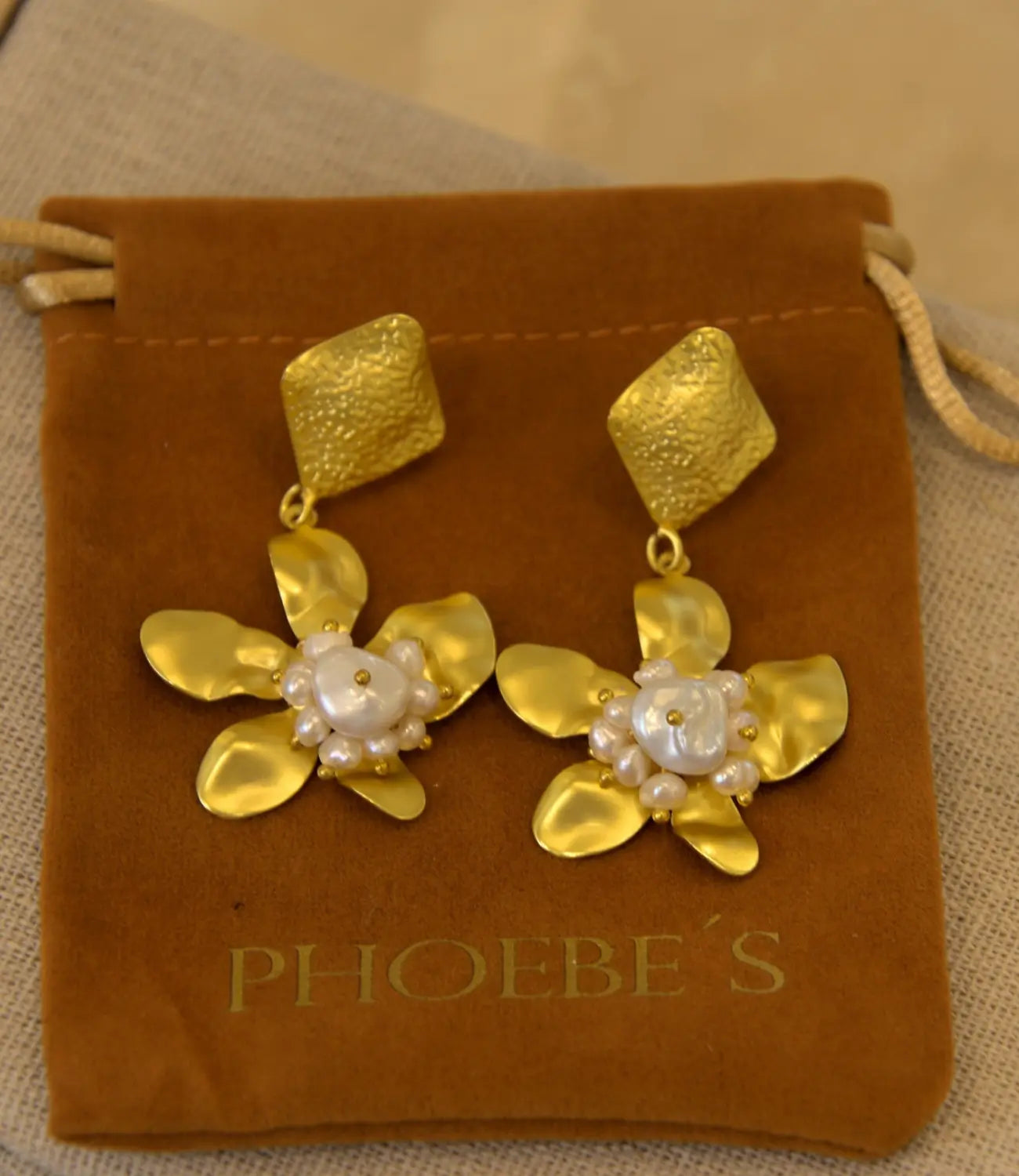 Gold Flower Earrings with Natural Pearls PHOEBE'S 