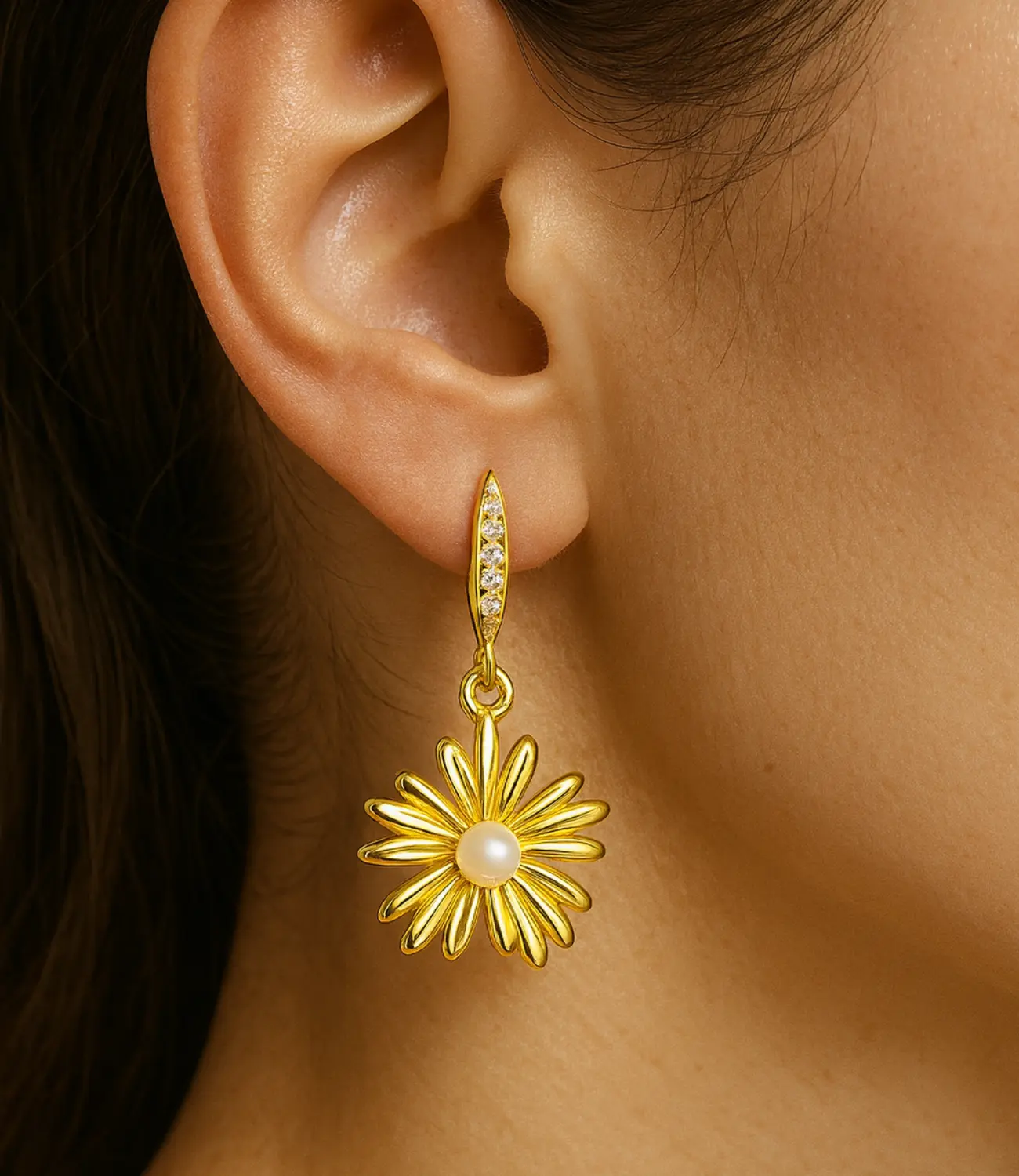 Gold Flower Earrings with Pearl PHOEBE'S 