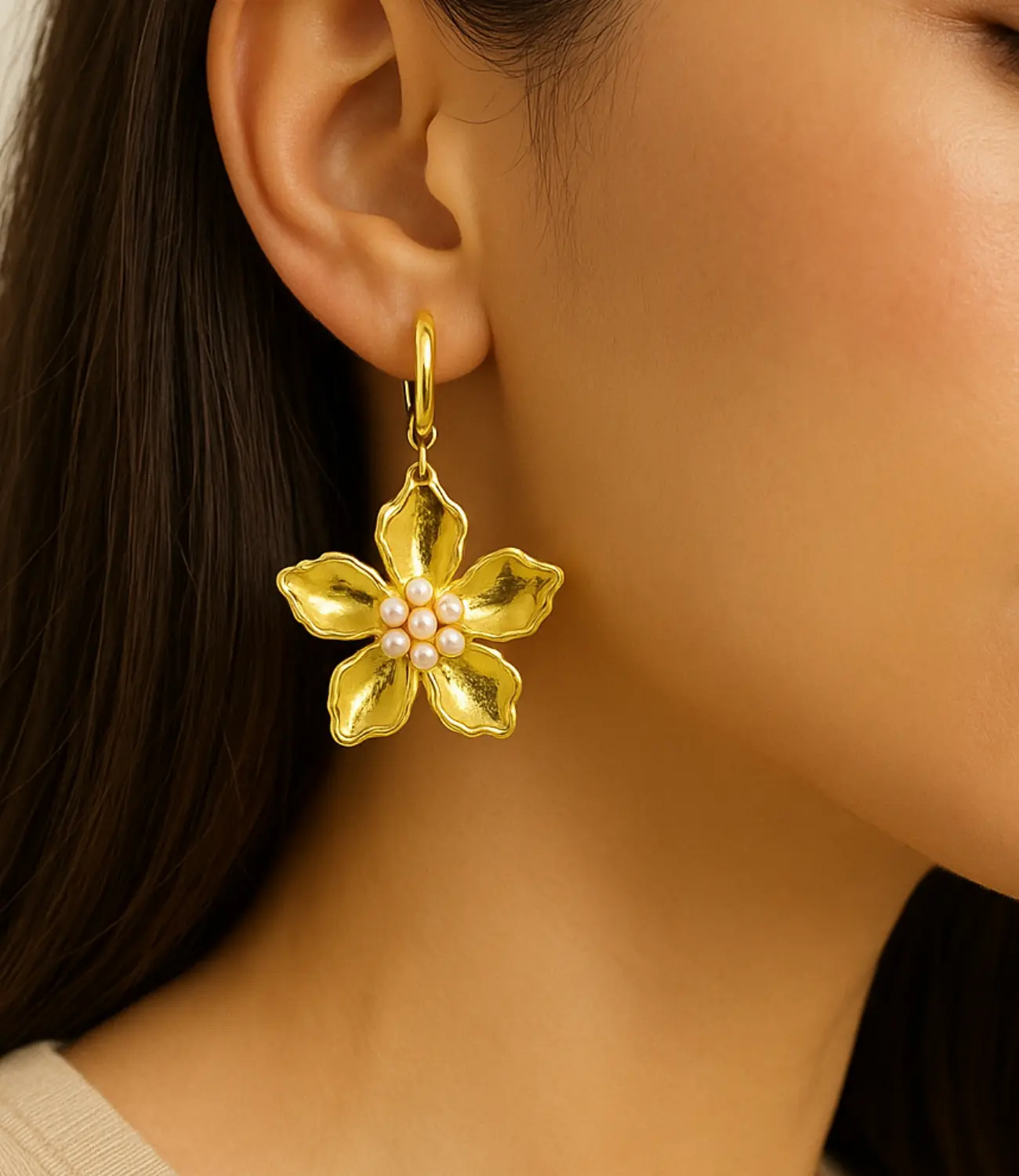 Gold Flower Earrings with Pearls PHOEBE'S 