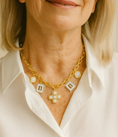Gold Necklace with Catholic Mother-of-Pearl Charms and a Pearl Cross PHOEBE'S 