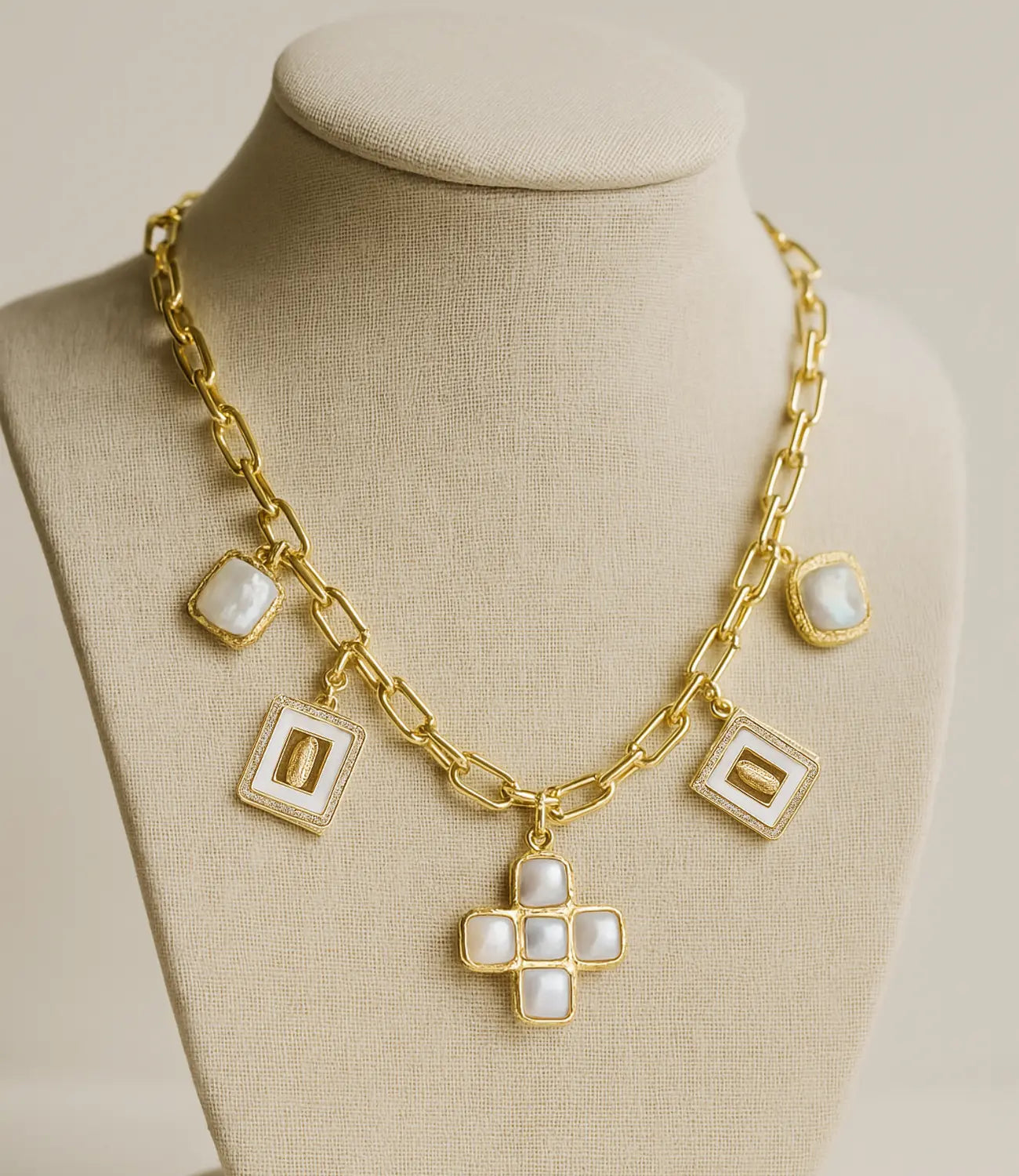 Gold Necklace with Catholic Mother-of-Pearl Charms and a Pearl Cross PHOEBE'S 