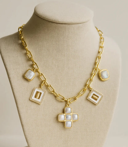 Gold Necklace with Catholic Mother-of-Pearl Charms and a Pearl Cross PHOEBE'S 