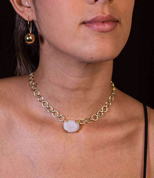 Gold Necklace with White Druzzy – Natural Elegance PHOEBE'S 
