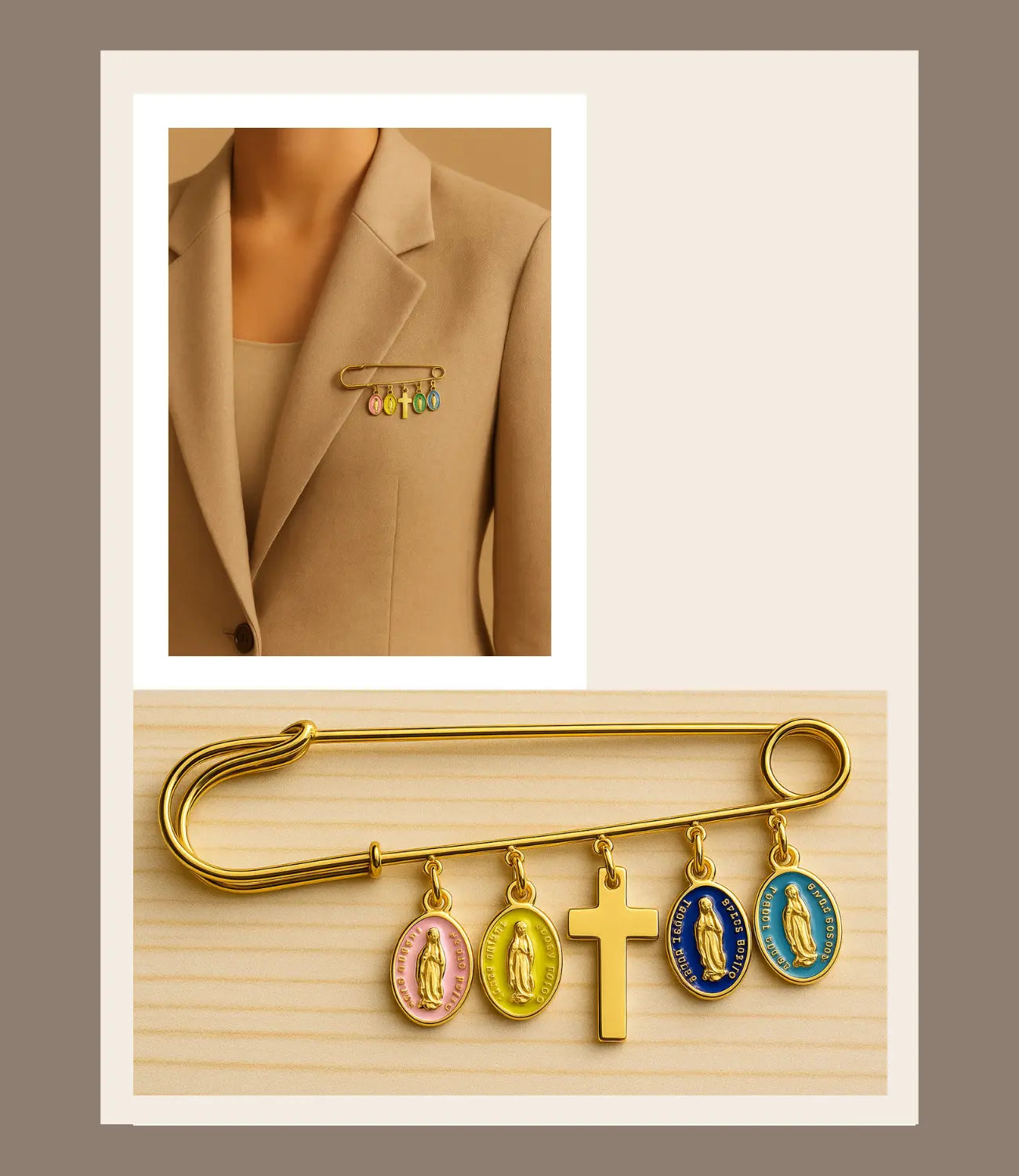 Gold Pin with Virgin Mary Medals and Cross Phoebe`s  