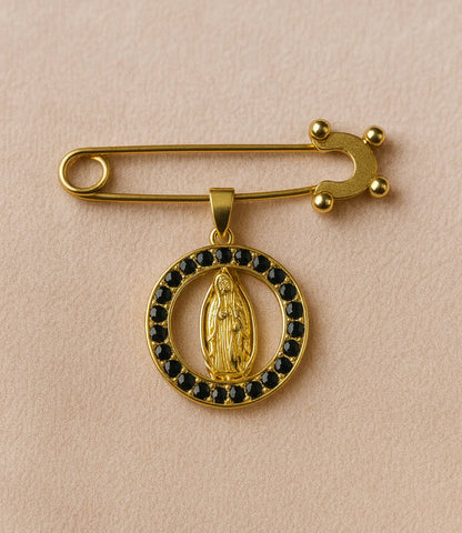 Gold Virgin Mary Medal Brooch with Black Zirconia PHOEBE'S 