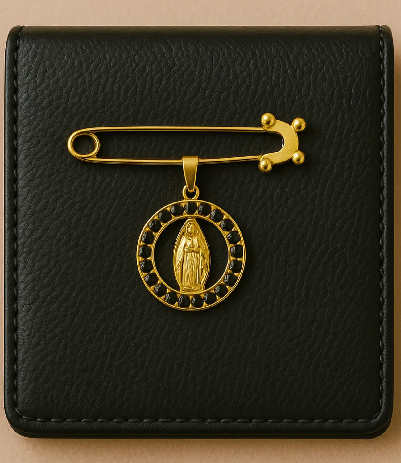 Gold Virgin Mary Medal Brooch with Black Zirconia PHOEBE'S 