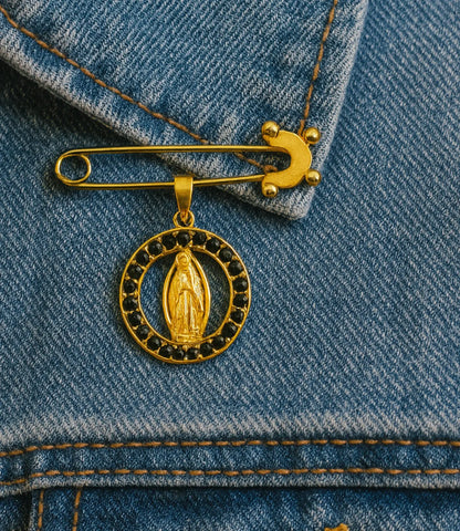 Gold Virgin Mary Medal Brooch with Black Zirconia PHOEBE'S 