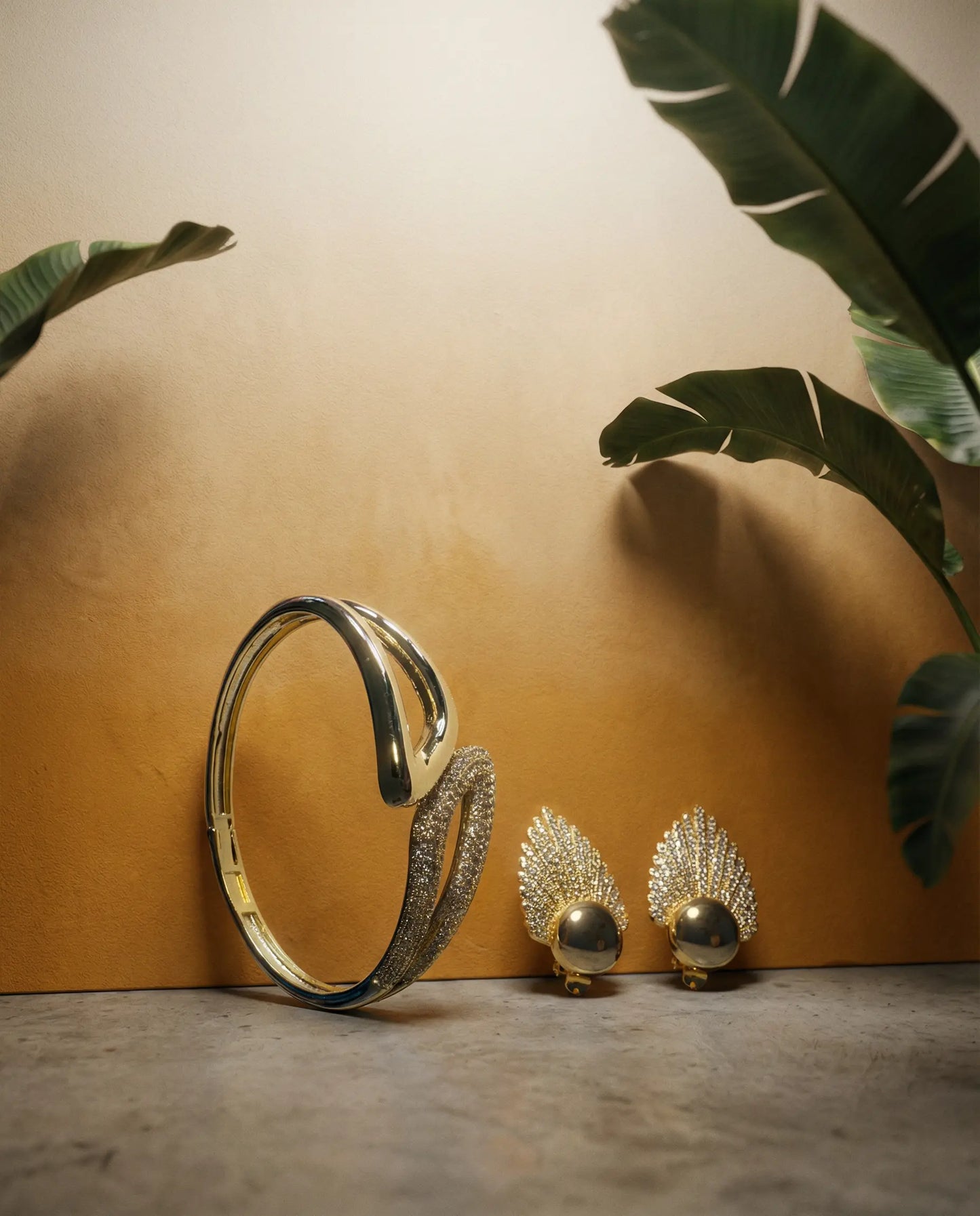 Golden Aurora Set — Sculptural Bracelet and Crystal Earrings PHOEBE'S 