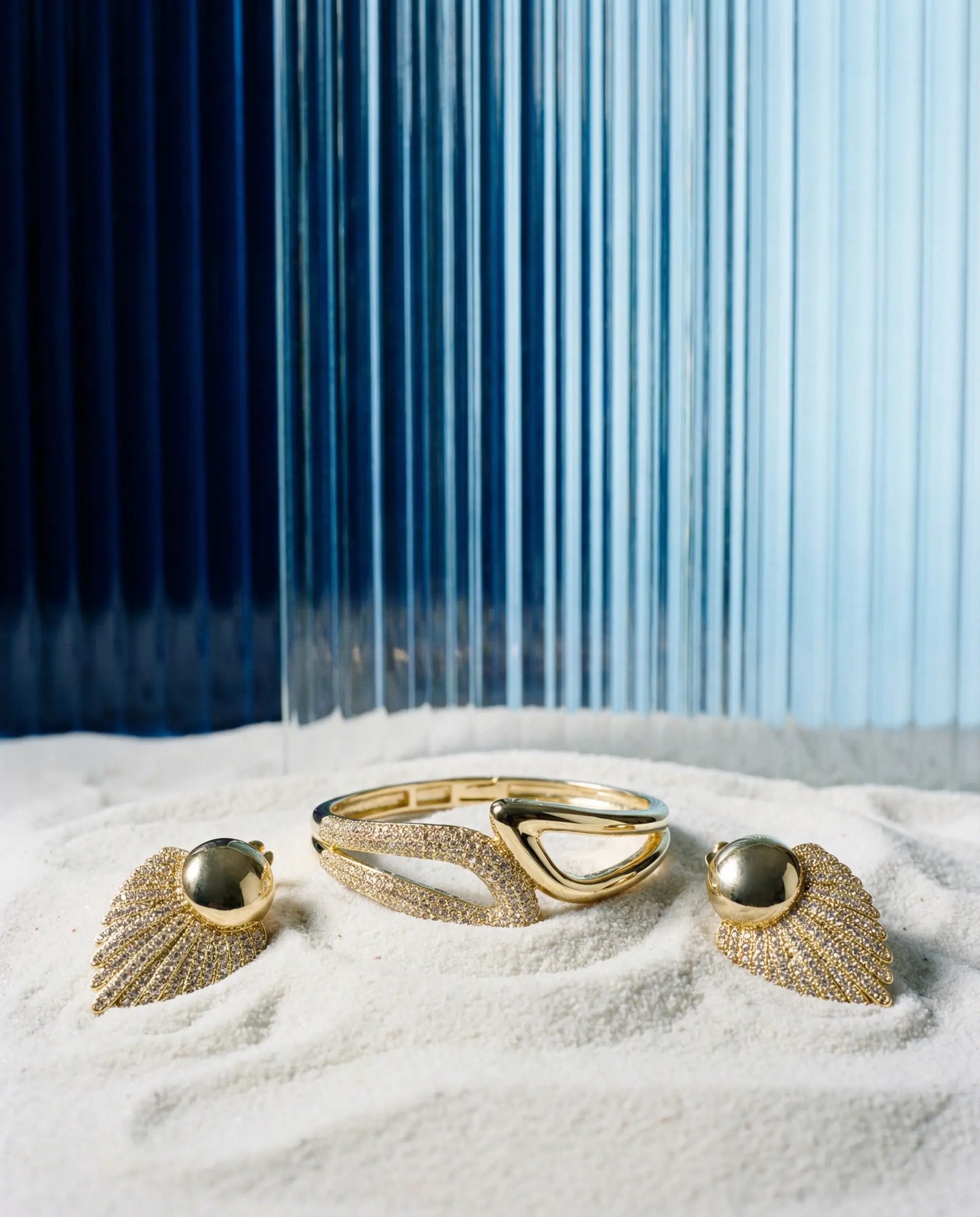 Golden Aurora Set — Sculptural Bracelet and Crystal Earrings PHOEBE'S 