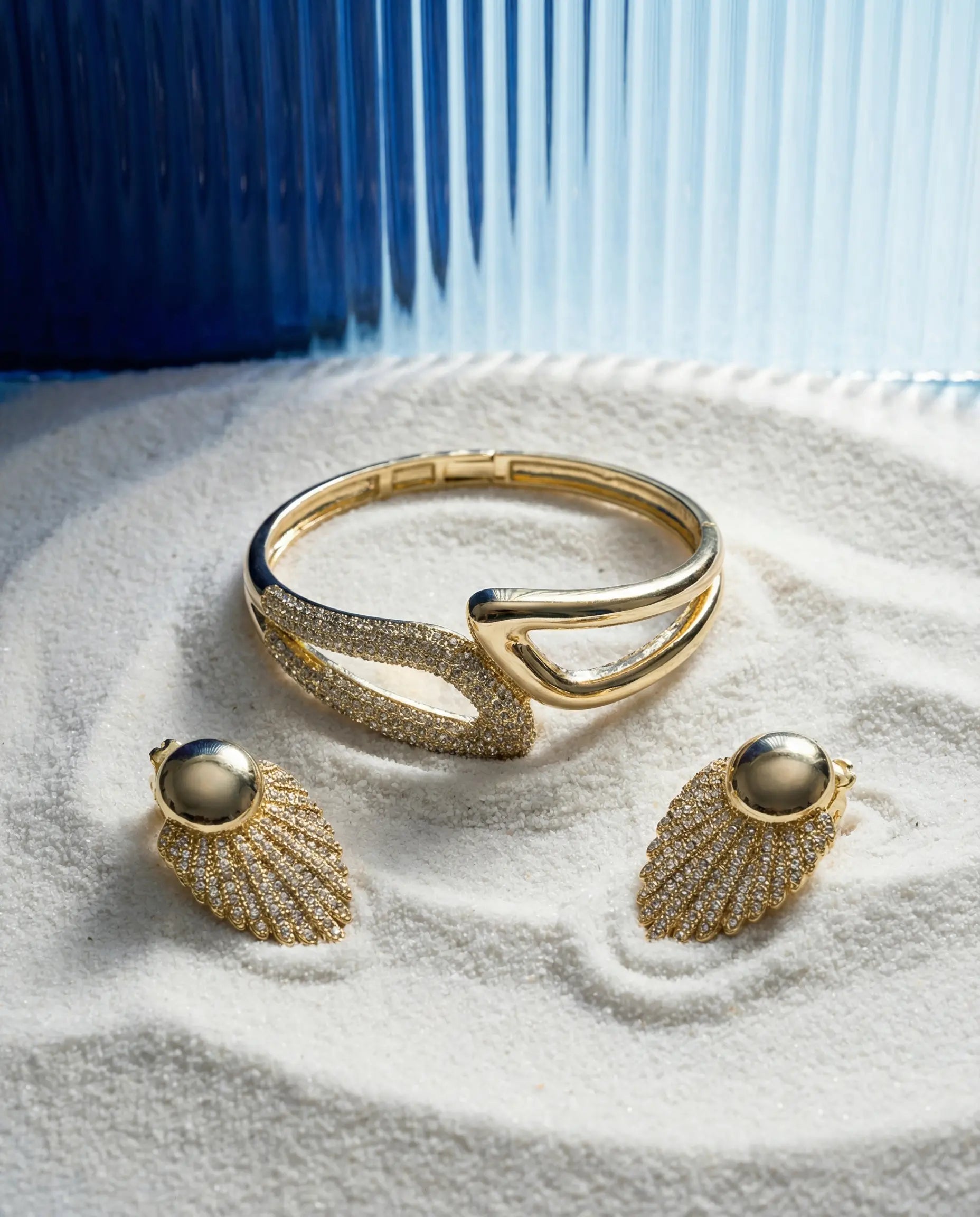 Golden Aurora Set — Sculptural Bracelet and Crystal Earrings PHOEBE'S 