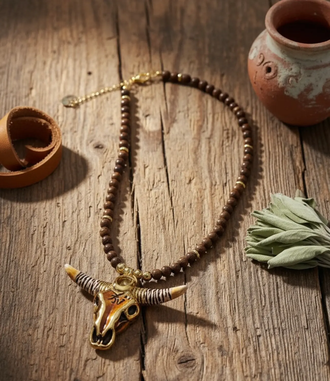 Handcrafted Wooden Necklace with a Bull's Head Carved from Bone – Amulet of Tribal Strength and Protection PHOEBE'S 