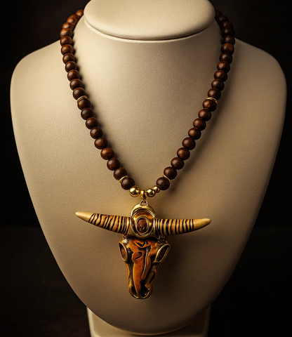 Handcrafted Wooden Necklace with a Bull's Head Carved from Bone – Amulet of Tribal Strength and Protection PHOEBE'S 