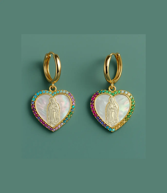 Heart Earrings with Carved Virgin Mary in Mother-of-Pearl and Multicolor Zirconia PHOEBE'S 