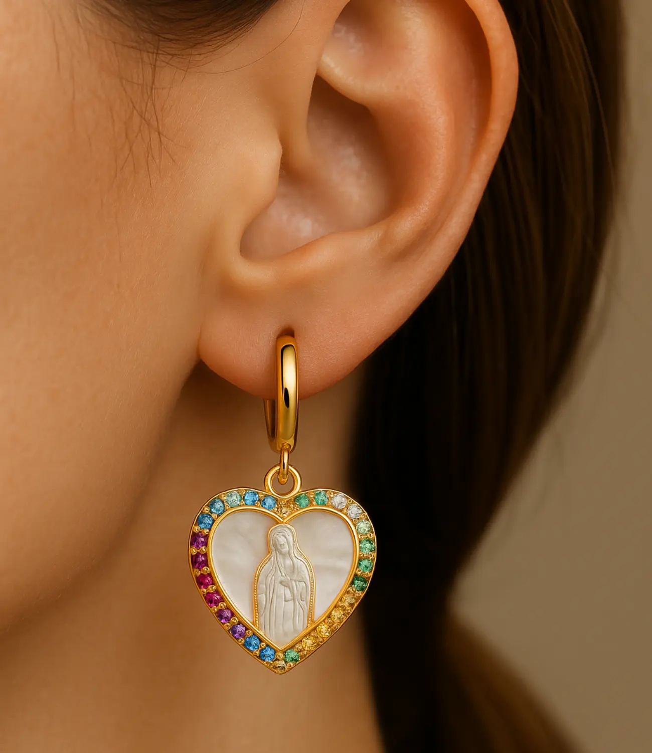 Heart Earrings with Carved Virgin Mary in Mother-of-Pearl and Multicolor Zirconia PHOEBE'S 
