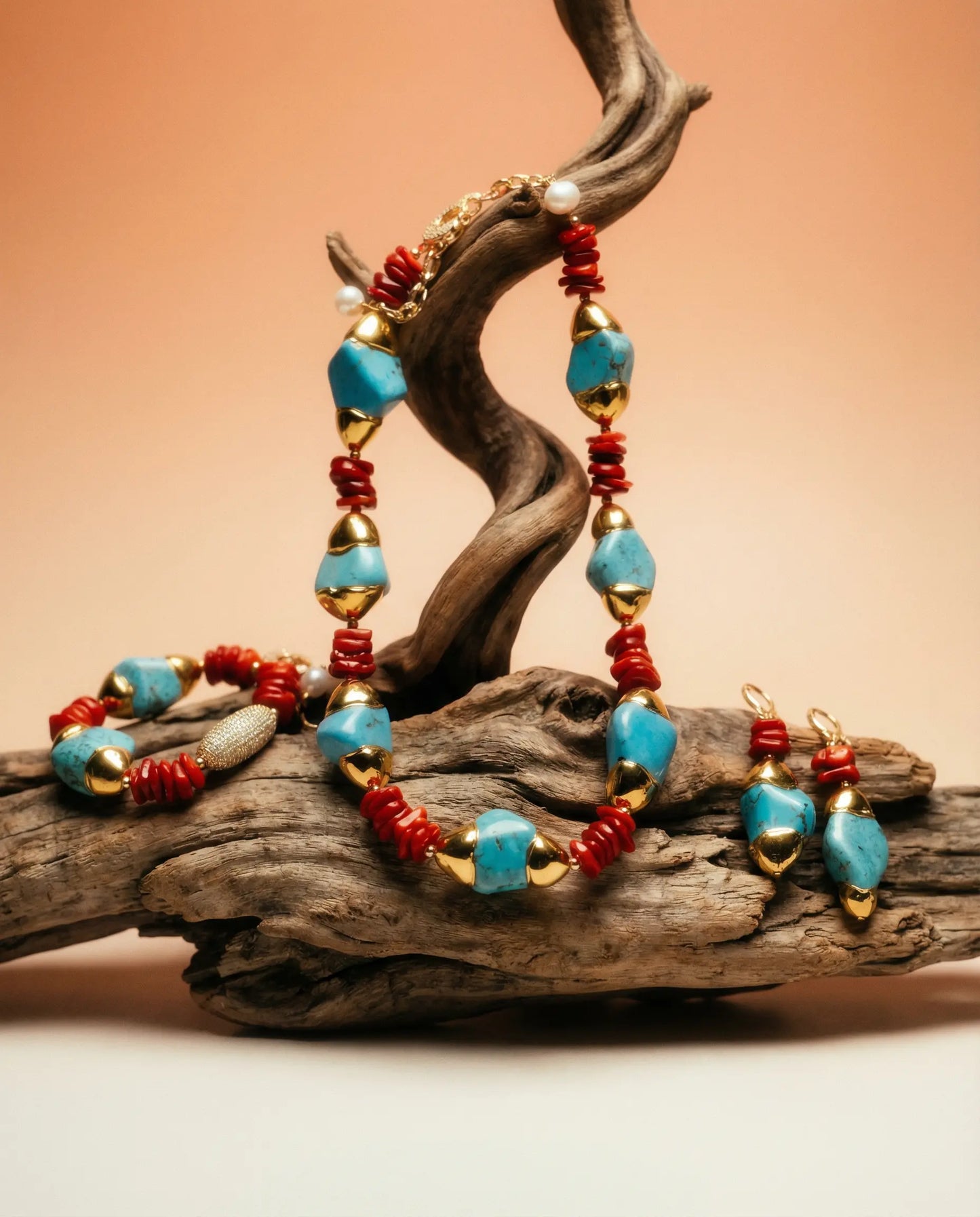 Imperial Turquoise and Coral Set in 18K Gold Plating Phoebe`s  