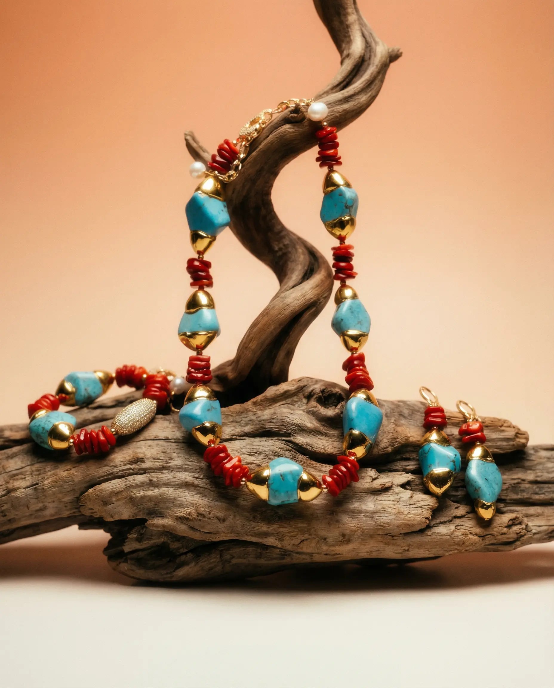 Imperial Turquoise and Coral Set in 18K Gold Plating Phoebe`s  