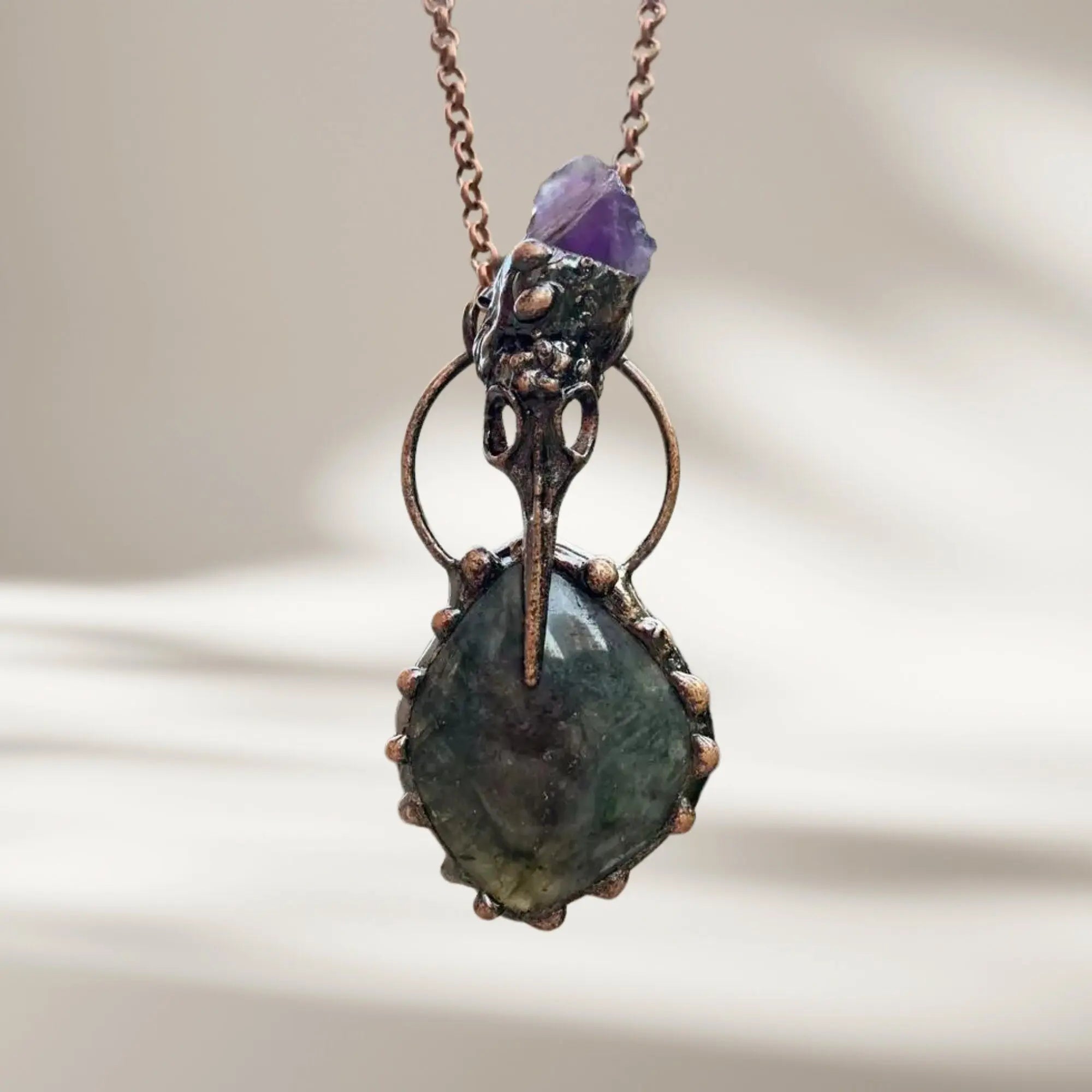 Labradorite Necklace, Amethyst Pendant, Gift Handmade