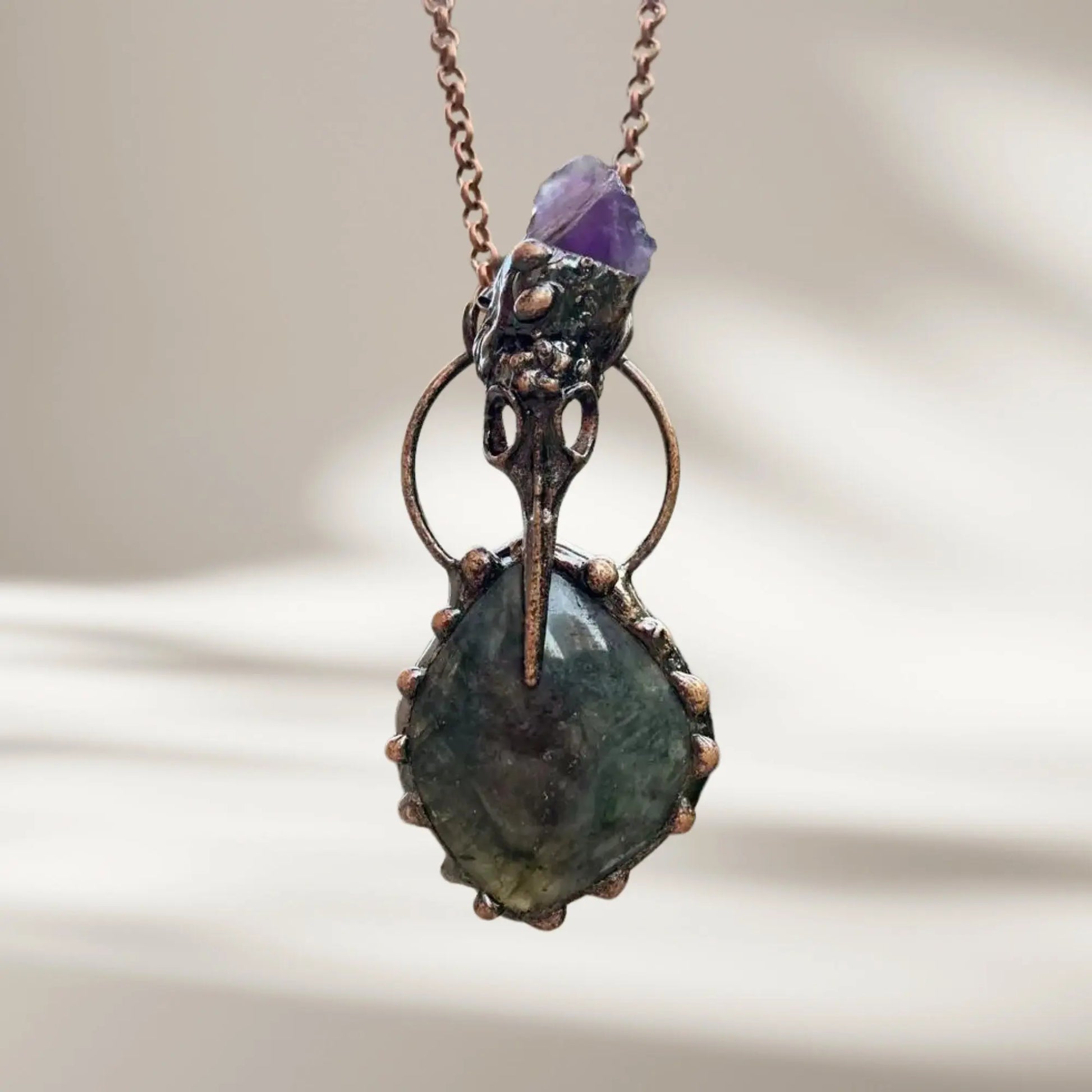 Labradorite Necklace, Amethyst Pendant, Gift Handmade