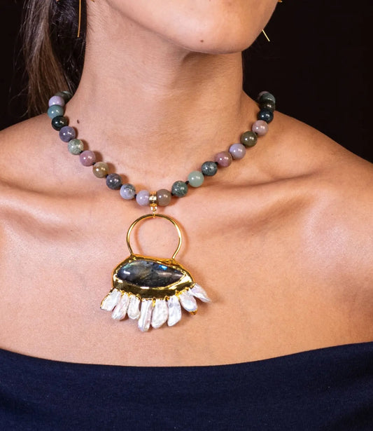 Labradorite, Baroque Pearls, and Natural Stone Necklace – Signature Design PHOEBE'S 
