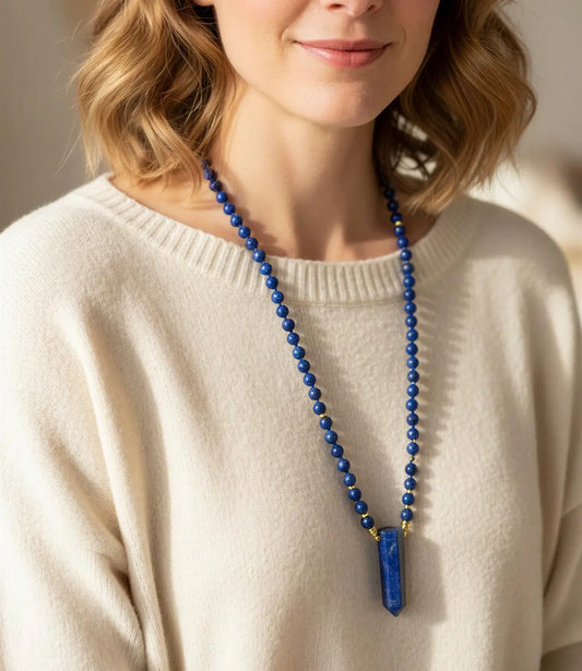 Lapis Lazuli Necklace with Carved Quartz – Amulet of Wisdom and Inner Clarity PHOEBE'S 