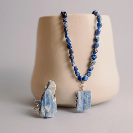 Lapis lazuli Bead Necklace, Kyanite Stone, Crystal Jewelry Set