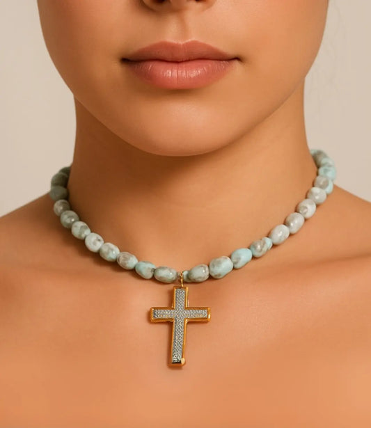 Larimar Choker with Golden Cross PHOEBE'S 