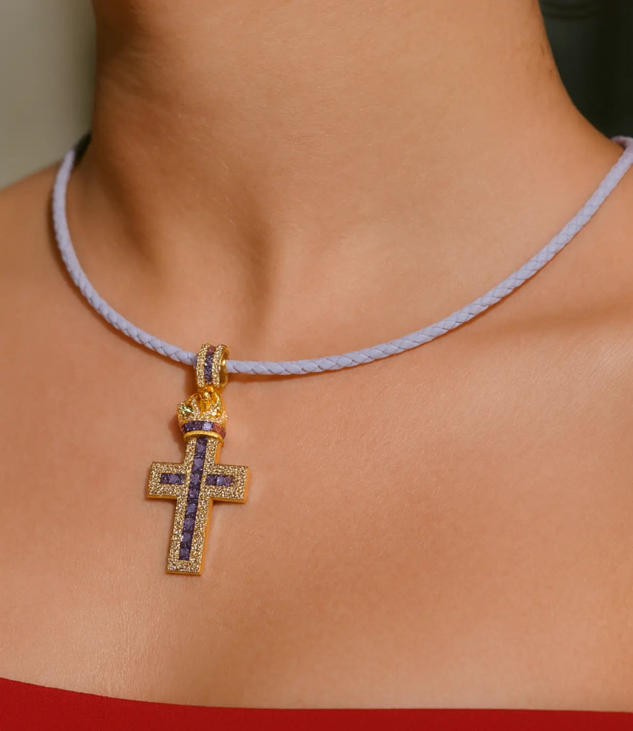 Leather Necklace with a Cross Embossed with Zirconia PHOEBE'S 