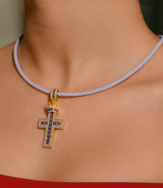 Leather Necklace with a Cross Embossed with Zirconia PHOEBE'S 