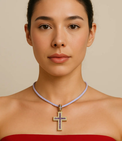 Leather Necklace with a Cross Embossed with Zirconia PHOEBE'S 