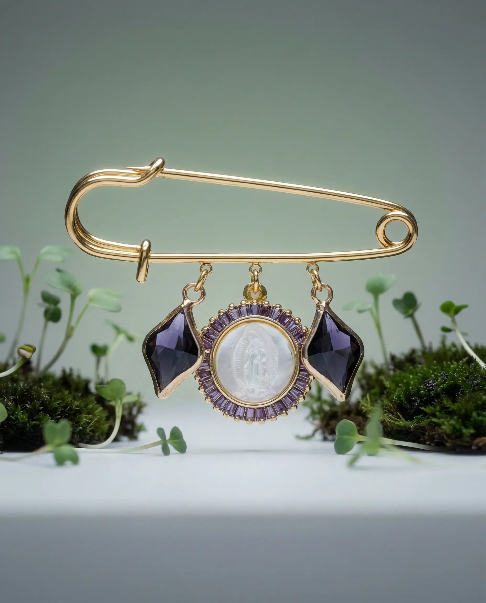 Light of the Virgin Brooch with Engraved Medal and Amethyst Cubic Zirconia PHOEBE'S 