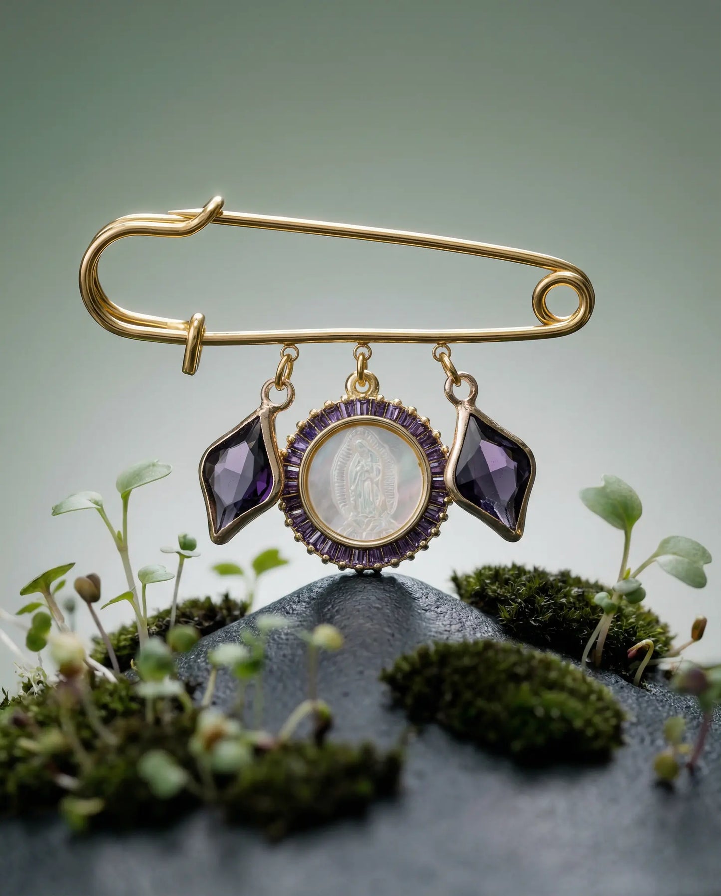 Light of the Virgin Brooch with Engraved Medal and Amethyst Cubic Zirconia PHOEBE'S 