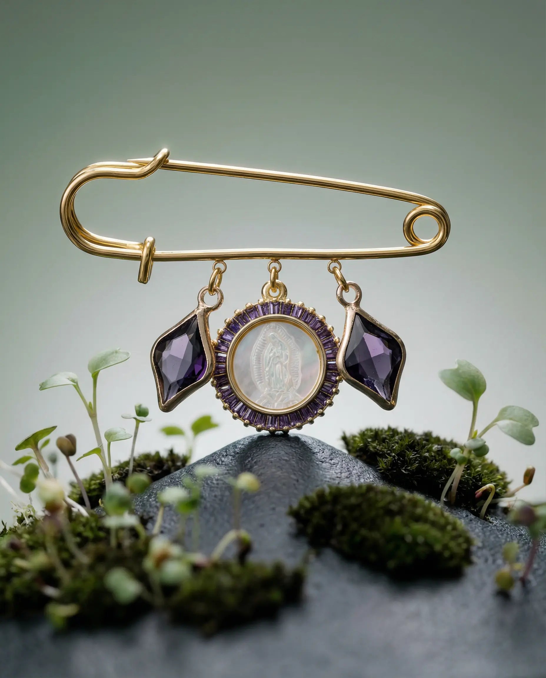 Light of the Virgin Brooch with Engraved Medal and Amethyst Cubic Zirconia PHOEBE'S 