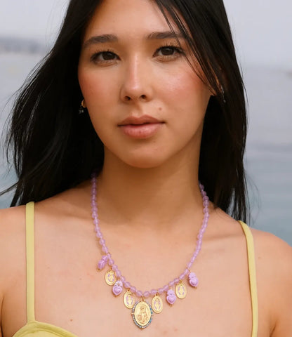 Lilac Agate Necklace with Religious Medals and Heart Charms PHOEBE'S 