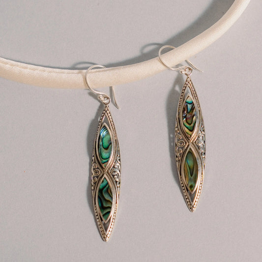 Long Abalone Earrings, Filigree Silver Earrings, Gift Handmade