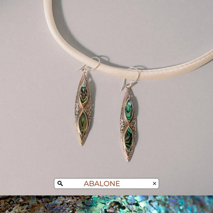 Long Abalone Earrings, Filigree Silver Earrings, Gift Handmade