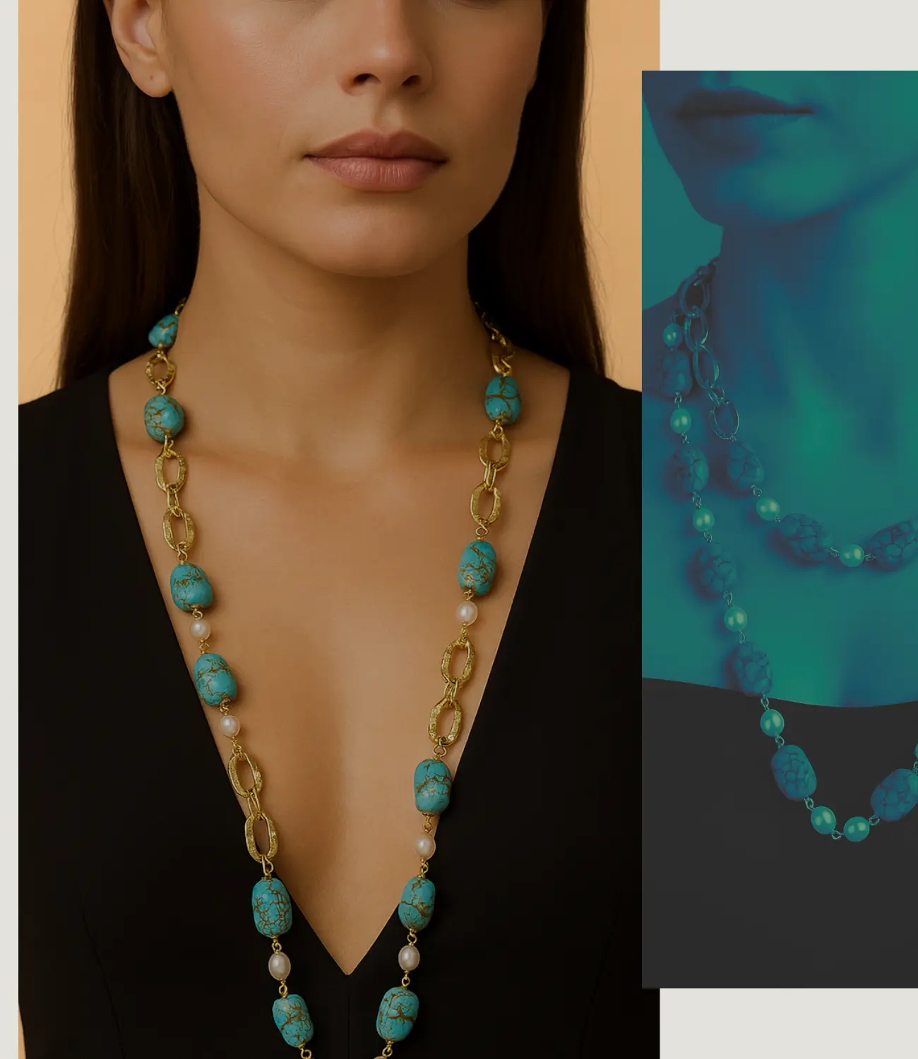 Luxury Turquoise and Pearl Necklace with 18K Gold Plating – Versatile Long or Double Strand Phoebe`s  