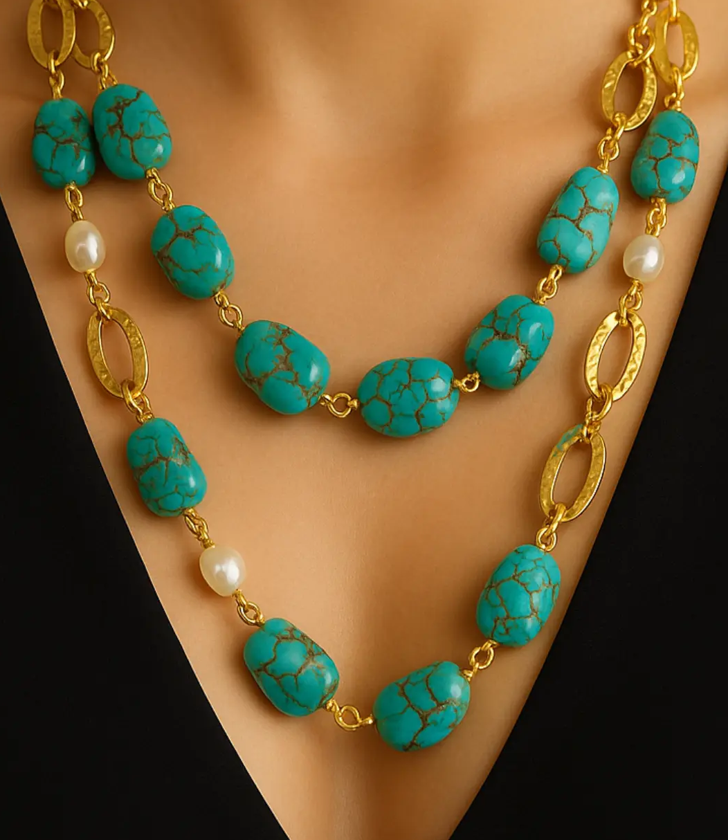Luxury Turquoise and Pearl Necklace with 18K Gold Plating – Versatile Long or Double Strand Phoebe`s  