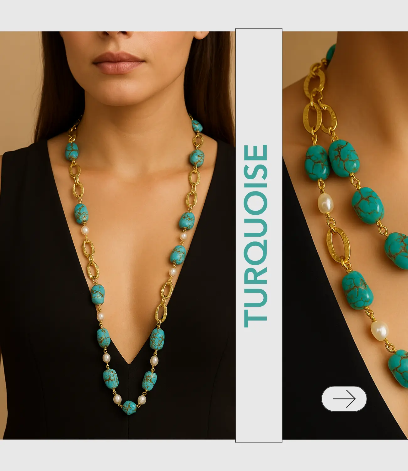 Luxury Turquoise and Pearl Necklace with 18K Gold Plating – Versatile Long or Double Strand Phoebe`s  