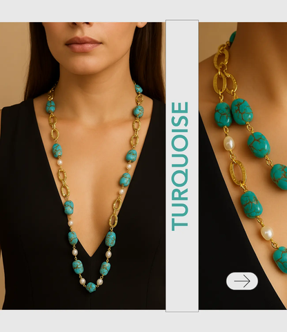 Luxury Turquoise and Pearl Necklace with 18K Gold Plating – Versatile Long or Double Strand Phoebe`s  